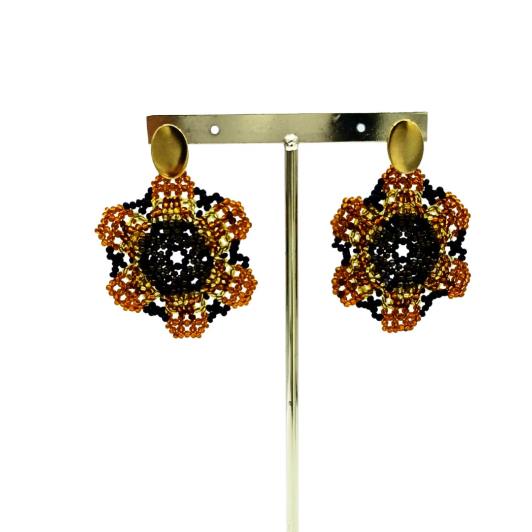 Brincos Flor Artesanais Colombianos-ambar,preto,dourado