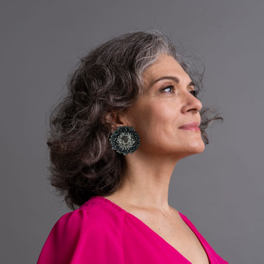 Brincos de festa flor com cristal-Cinza1