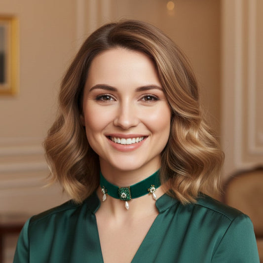 Choker Iluztro em veludo verde com pérolas – gargantilha artesanal exclusiva