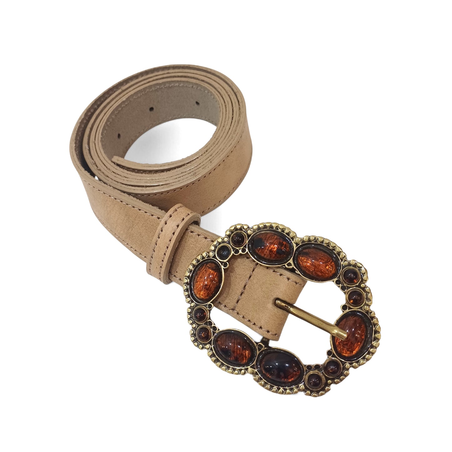 Cinto em Pele Bege com Fivela Oval e Pedras Âmbar