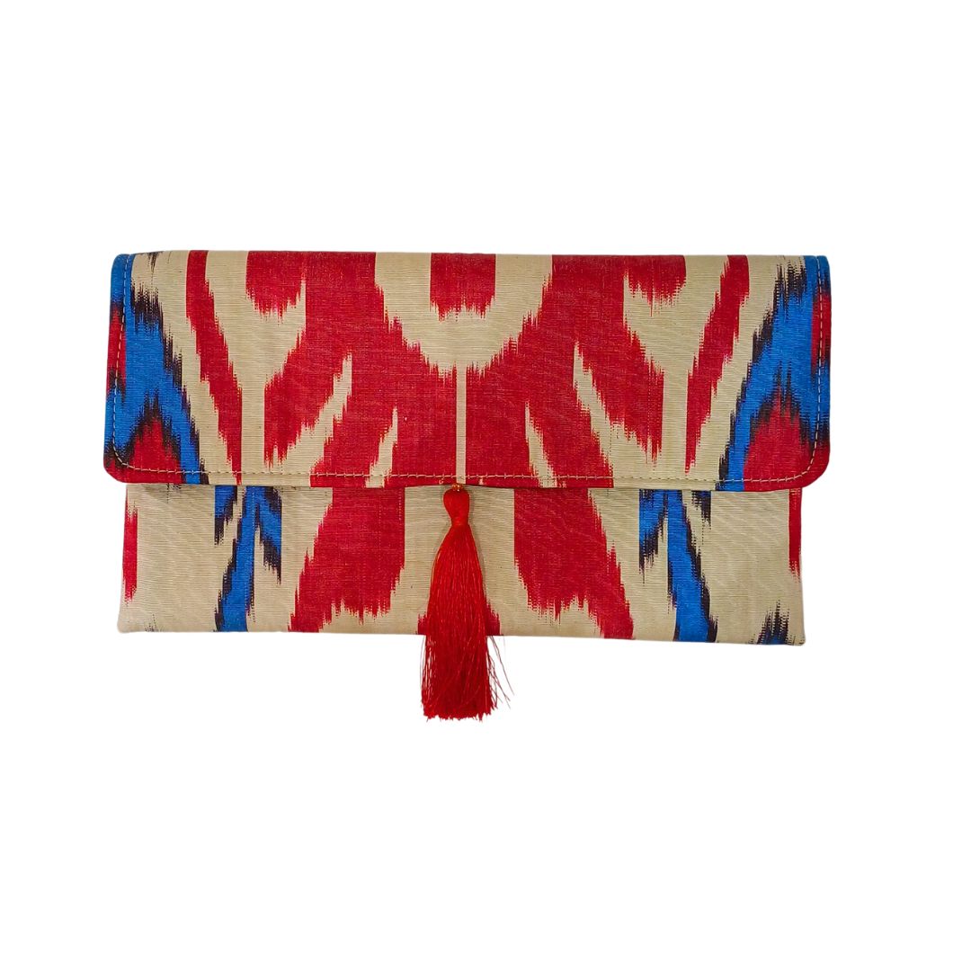 Clutch artesanal Ikat Encarnado e turquesa3