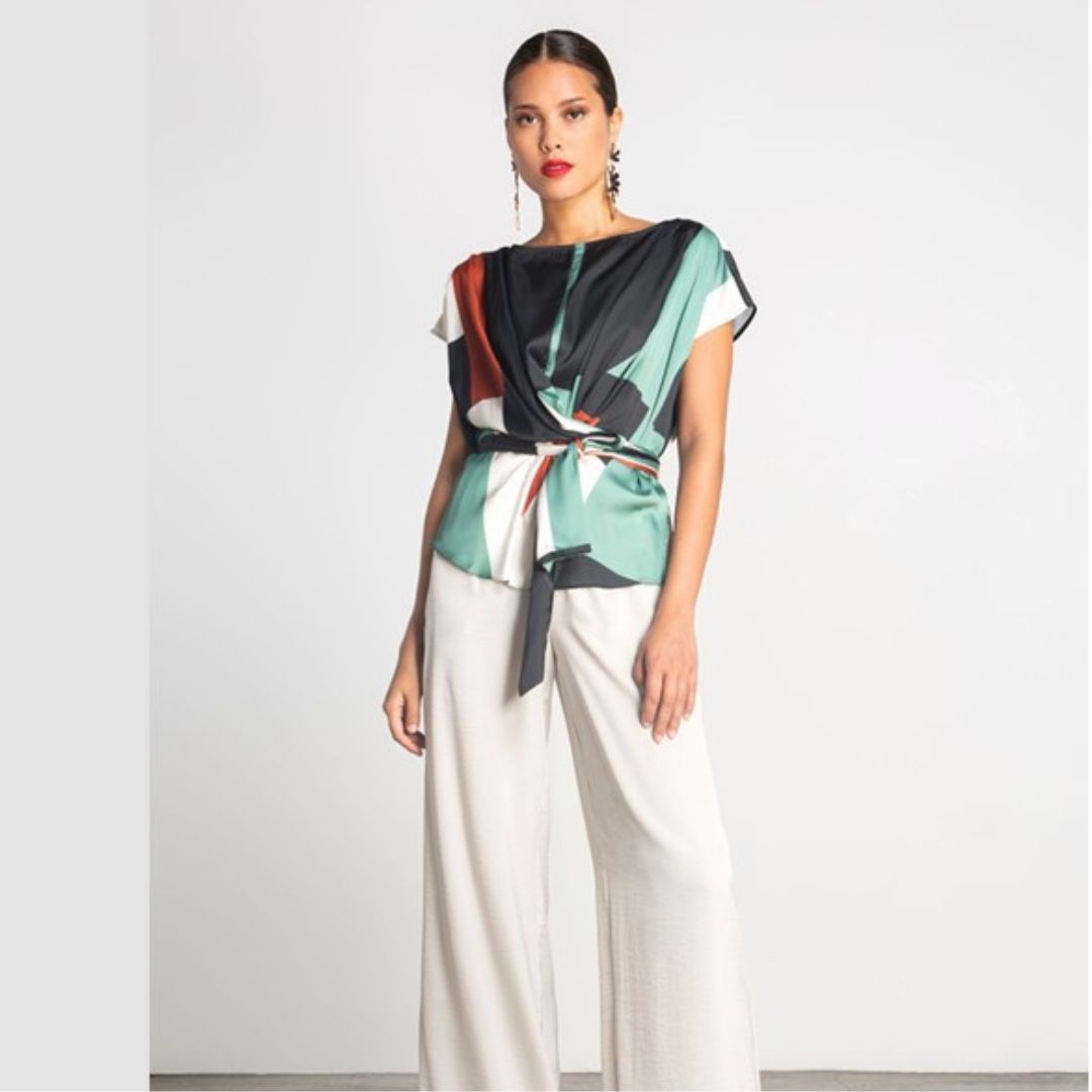 Moutaki Flowy Polyester Trousers with High Waist and Belt