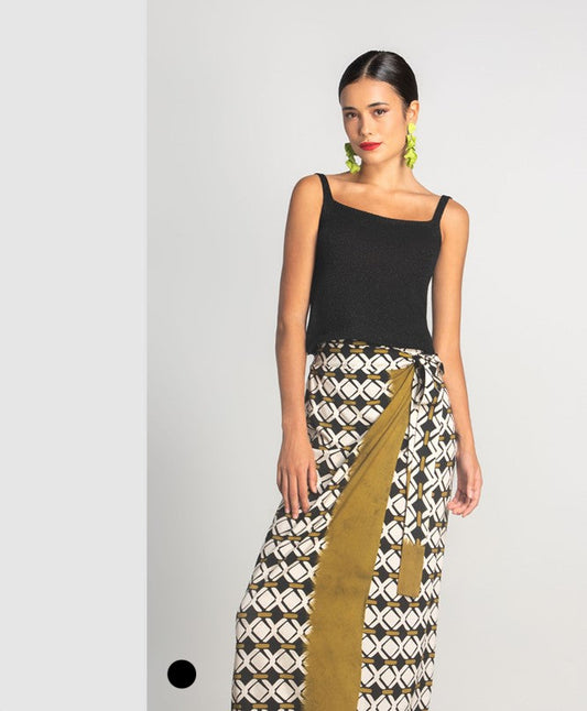 Saia traçada Moutaki estampada em Viscose, com laço