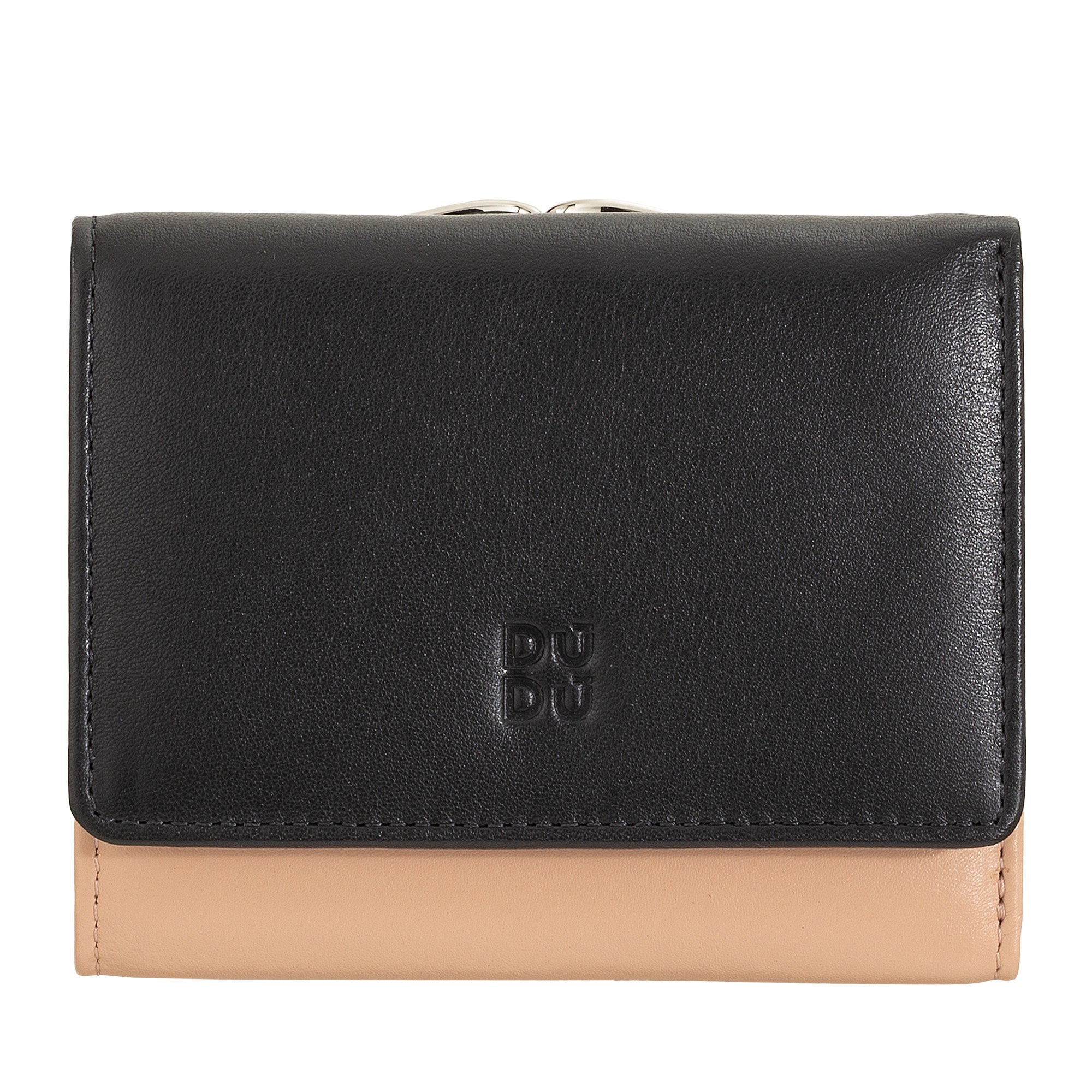 Carteira de Pele Preta e Bege com Fecho de Mola-DUDU
