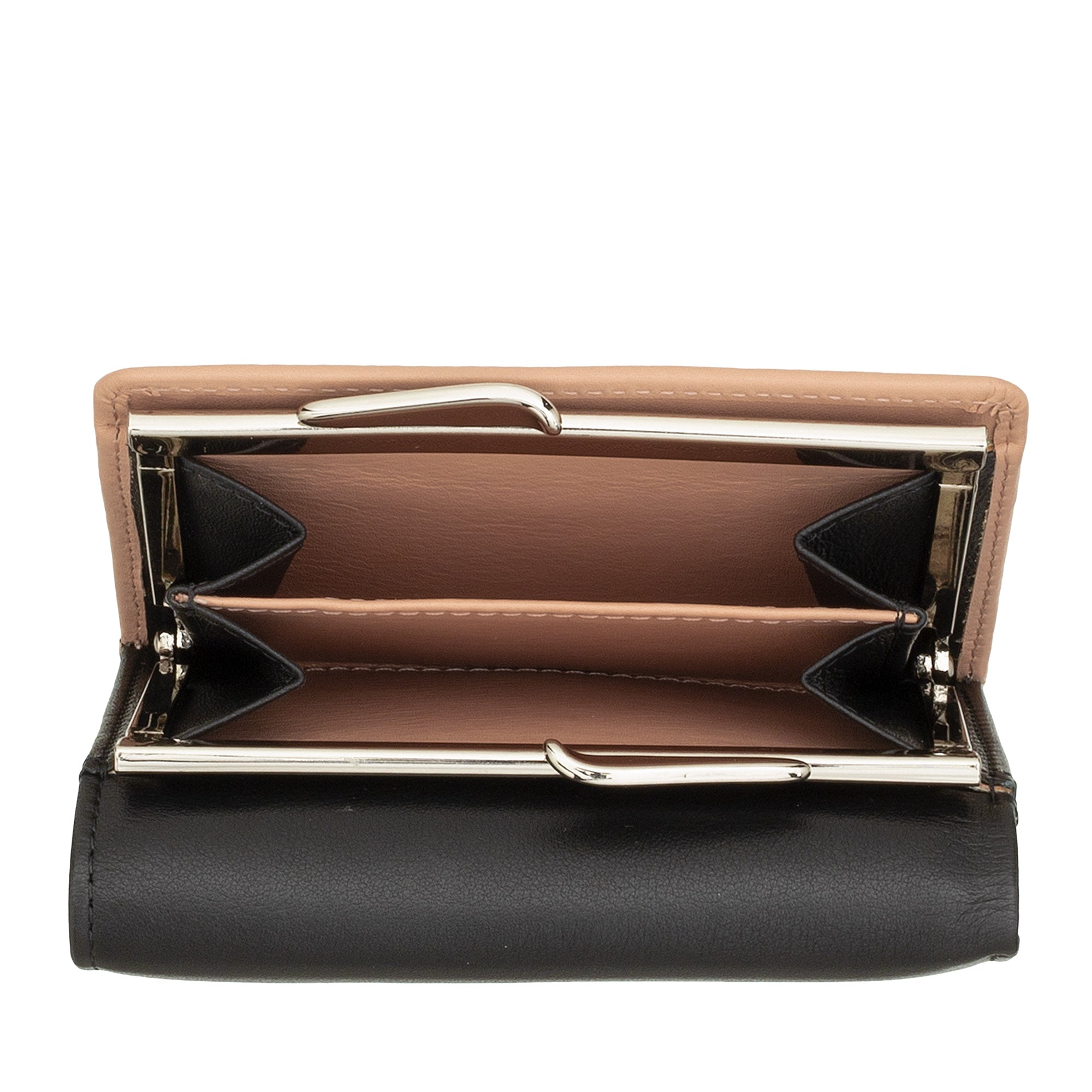 Carteira de Pele Preta e Bege com Fecho de Mola-DUDU