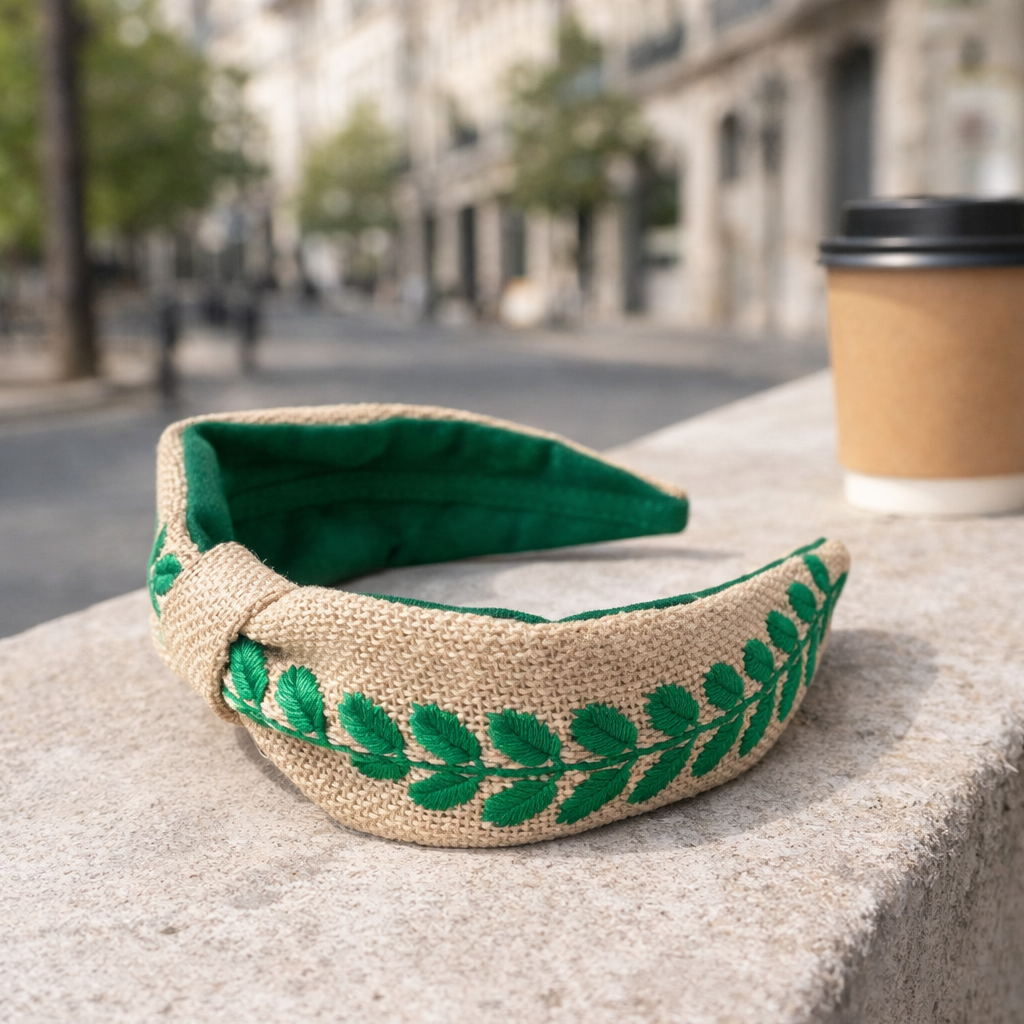 Bandolete Latido em algodão bordado bege e verde