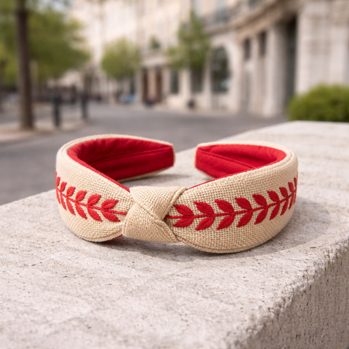 Bandolete Latido em algodão bordado bege e vermelha