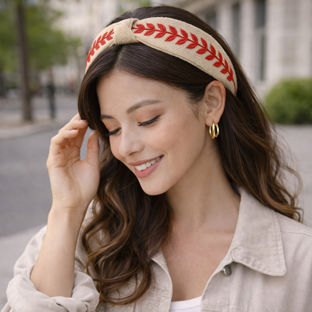 Bandolete Latido em algodão bordado bege e vermelha