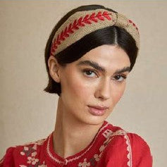 Bandolete Latido em algodão bordado bege e vermelha