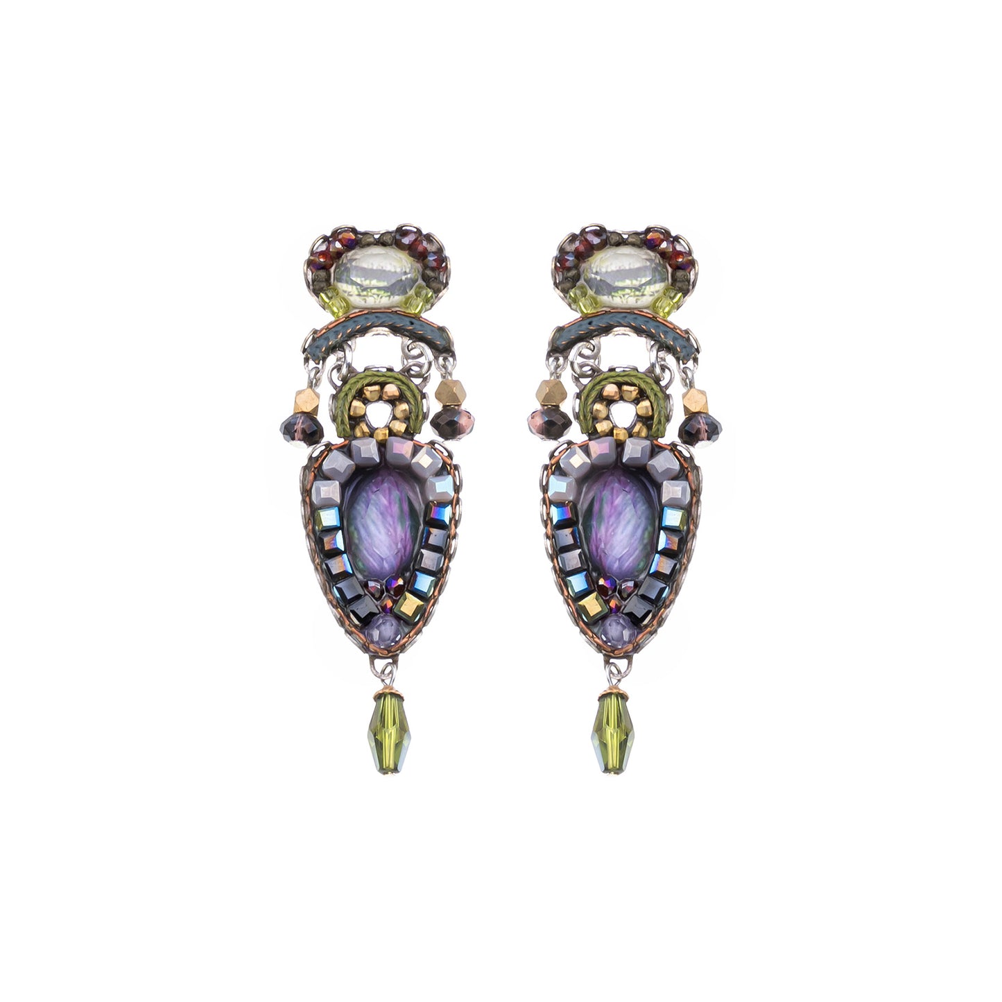 Brincos Ayala Bar com lágrima iridescente e verdes oliva