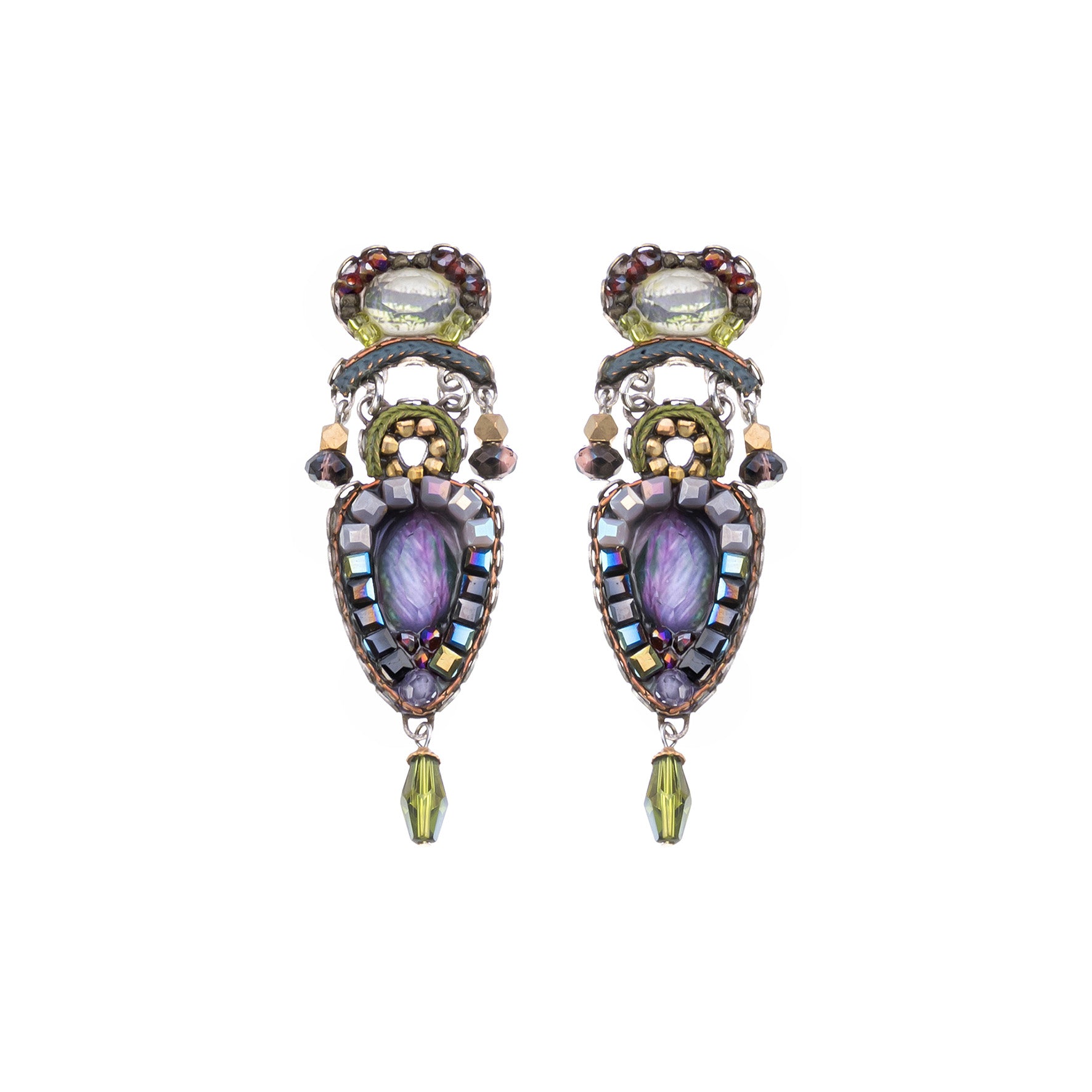 Brincos Ayala Bar com lágrima iridescente e verdes oliva