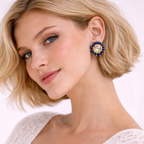 Brincos Iluztro botões azul e dourado com cristal – brincos pequenos artesanais