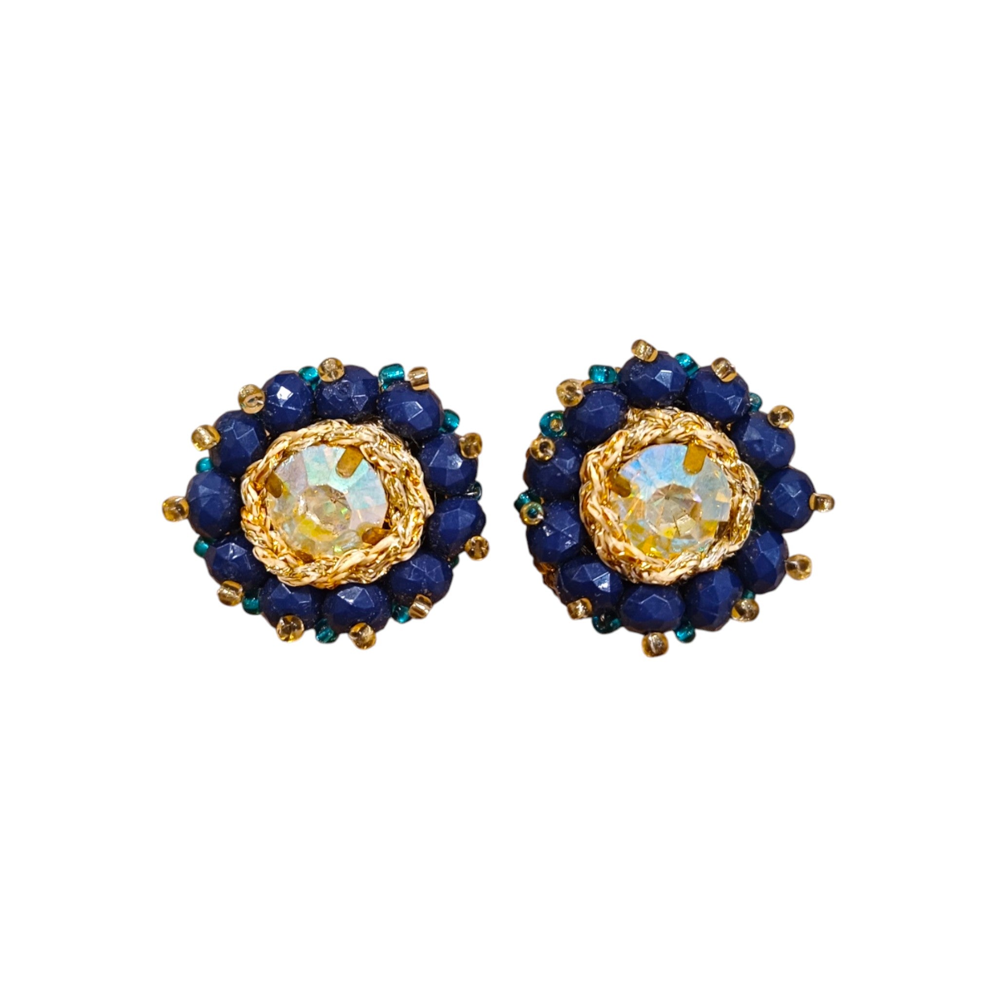 Brincos Iluztro botões azul e dourado com cristal – brincos pequenos artesanais