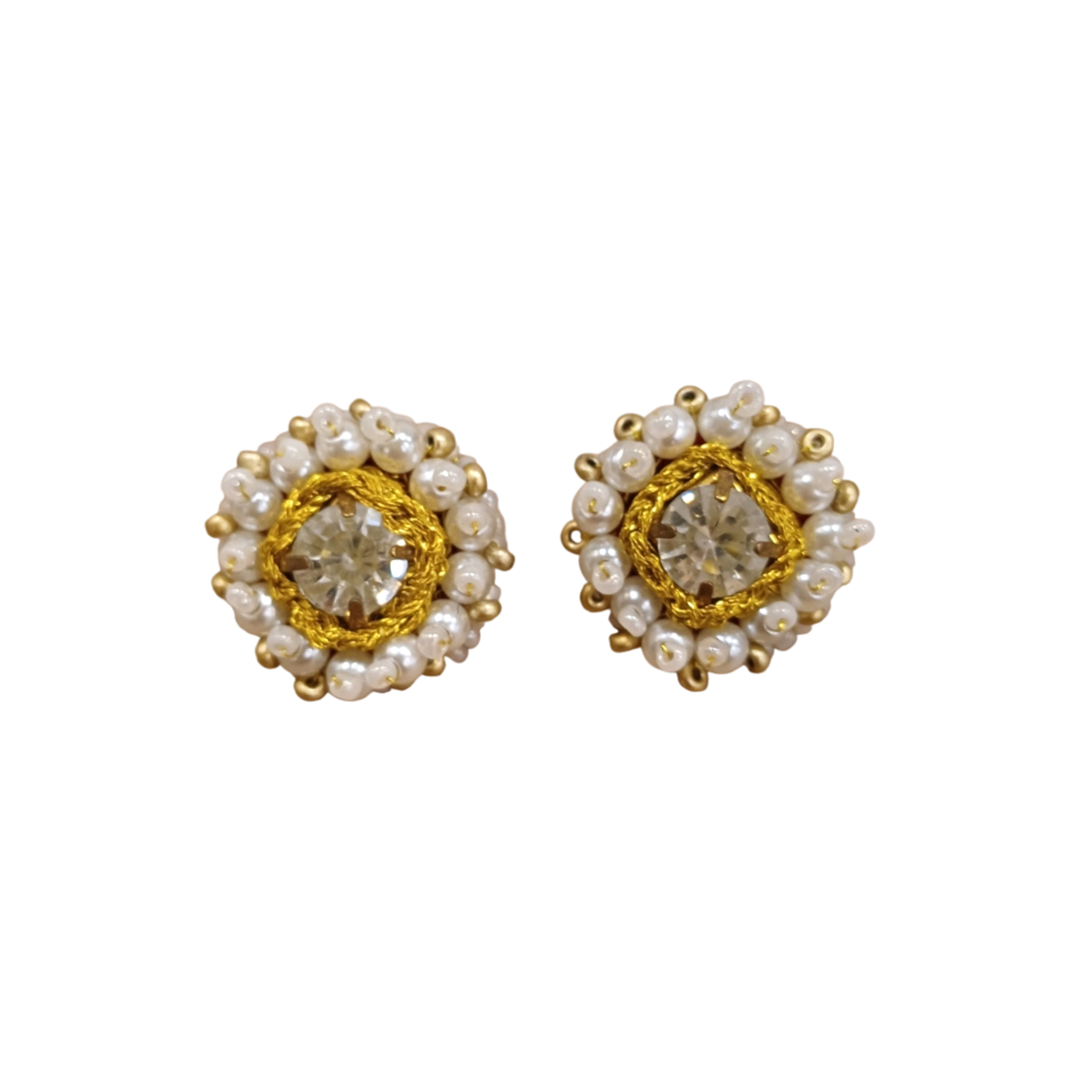 Brincos Iluztro botões com pérolas e cristal – brincos pequenos dourados artesanais