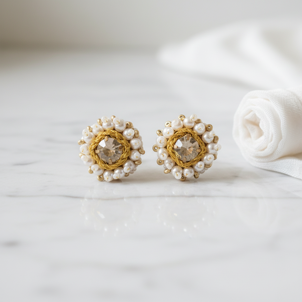 Brincos Iluztro botões com pérolas e cristal – brincos pequenos dourados artesanais