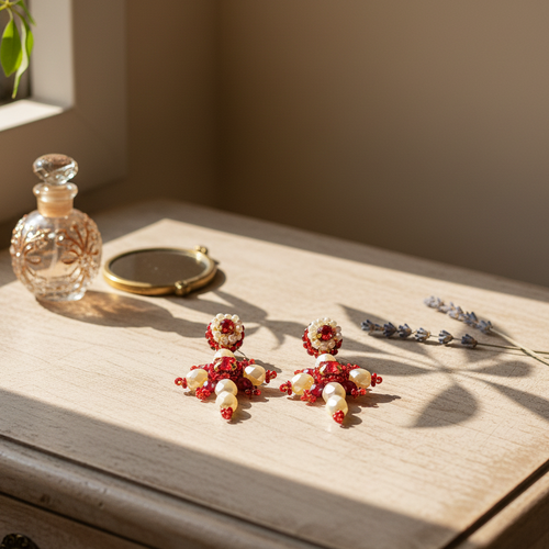 Brincos artesanais Iluztro-Cruz em vermelho e pérola – missangas e cristais bordados à mão