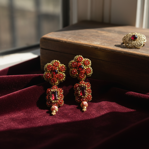 Brincos artesanais Iluztro- Petúnia Crisantemo em vermelho e dourado – cristais bordados à mão