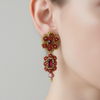 Brincos artesanais Iluztro- Petúnia Crisantemo em vermelho e dourado – cristais bordados à mão