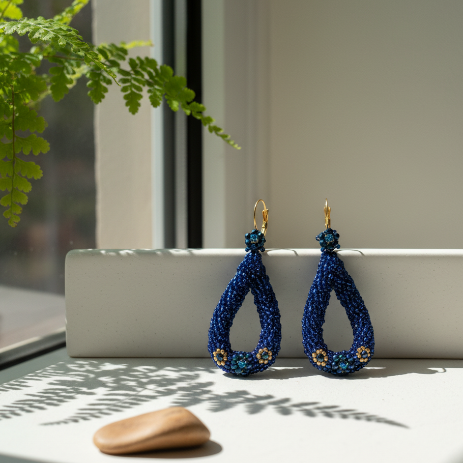 Brincos artesanais Iluztro-missangas azuis e cristais – modelo Deep Blue exclusivo