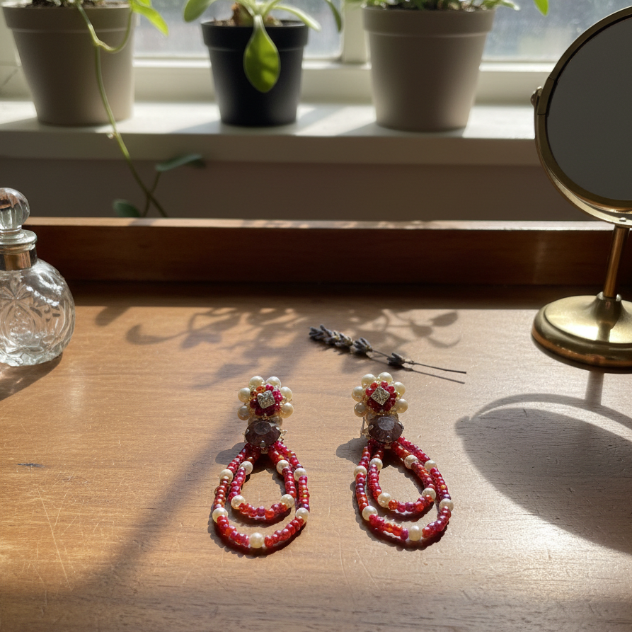 Brincos artesanais Iluztro-pérolas e missangas vermelhas – modelo aro duplo exclusivo