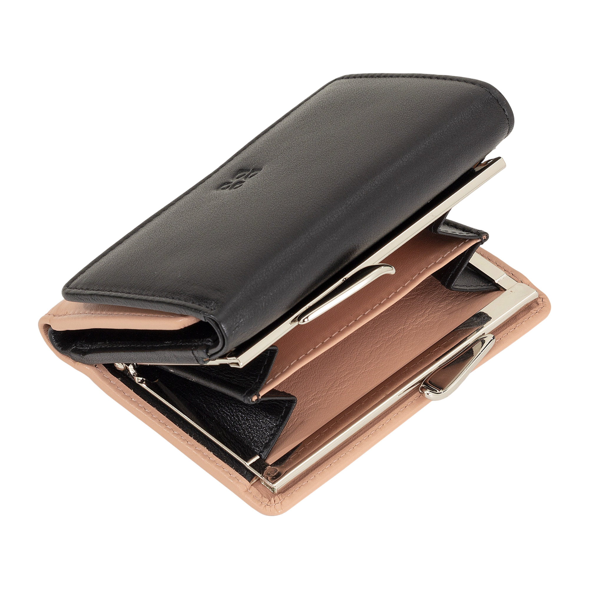 Carteira de Pele Preta e Bege com Fecho de Mola-DUDU