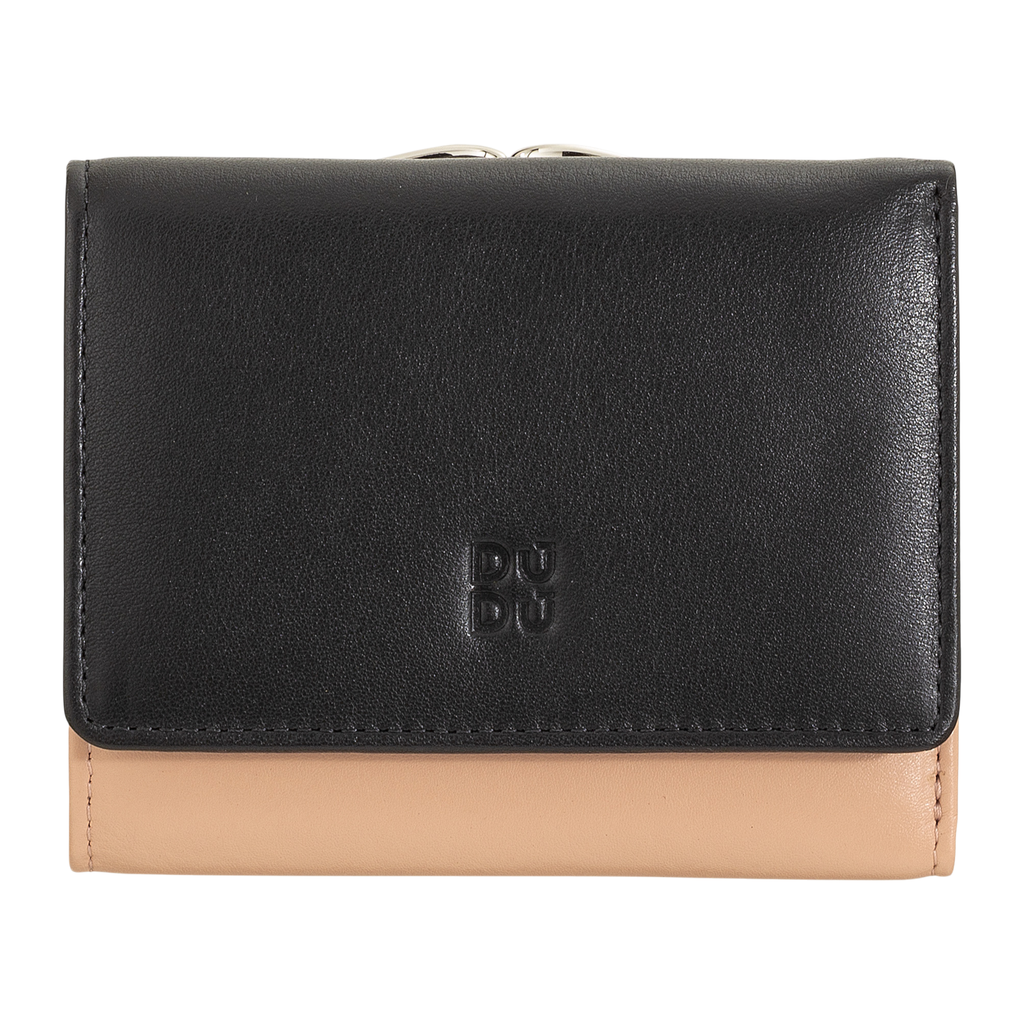 Carteira de Pele Preta e Bege com Fecho de Mola-DUDU