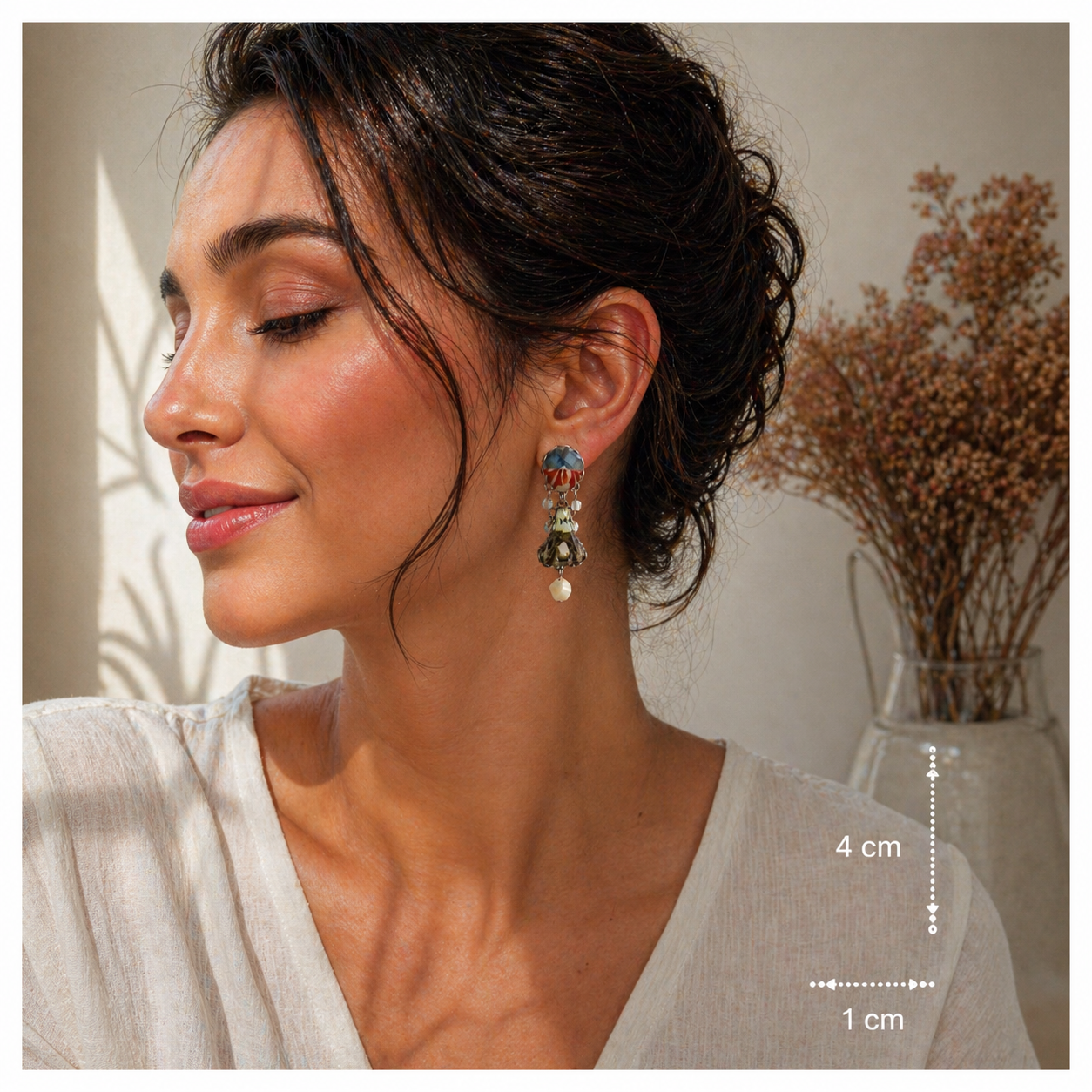 Brincos Ayala Bar com Cristais Azul, verde e Pérola Creme