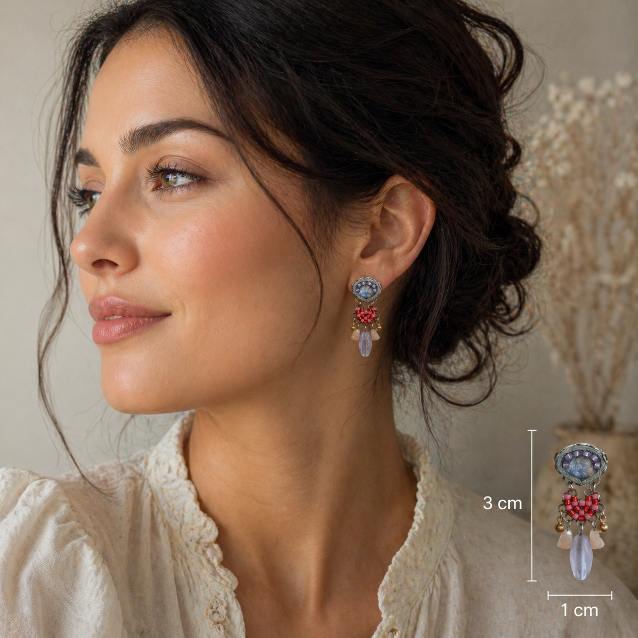 Brincos Ayala Bar com Cristais e Contas Multicolor Rosa Azul e Lilás