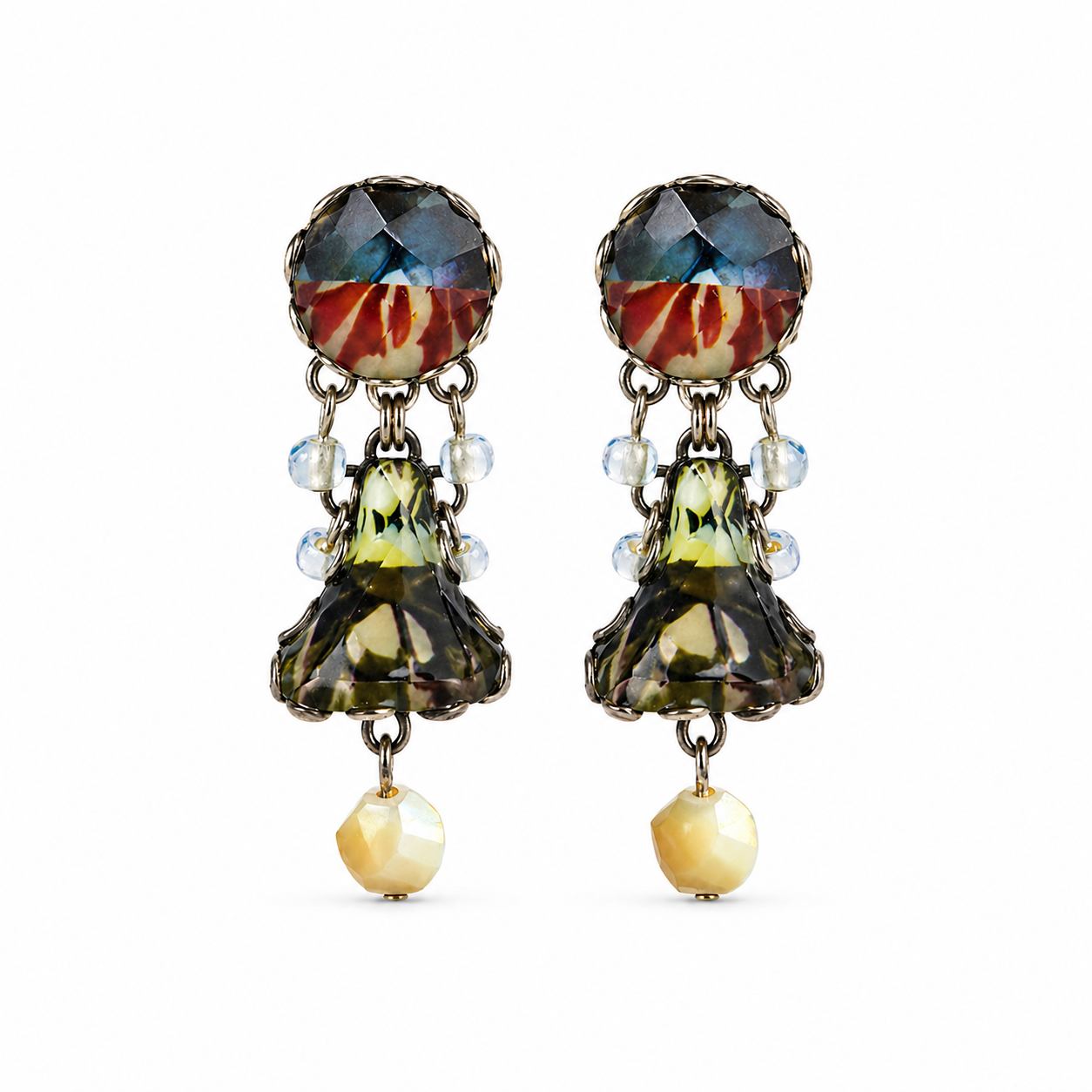 Brincos Ayala Bar com Cristais Azul, verde e Pérola Creme