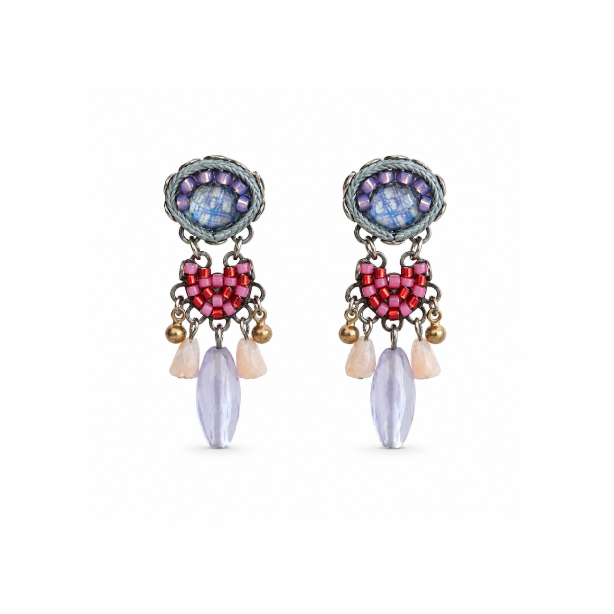 Brincos Ayala Bar com Cristais e Contas Multicolor Rosa Azul e Lilás