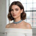 Choker artesanal Iluztro em pérolas azuis e cristais – gargantilha ajustável exclusiva