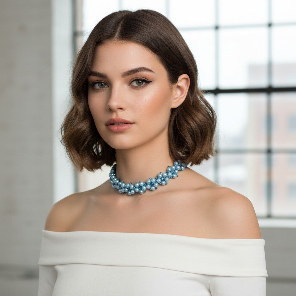 Choker artesanal Iluztro em pérolas azuis e cristais – gargantilha ajustável exclusiva