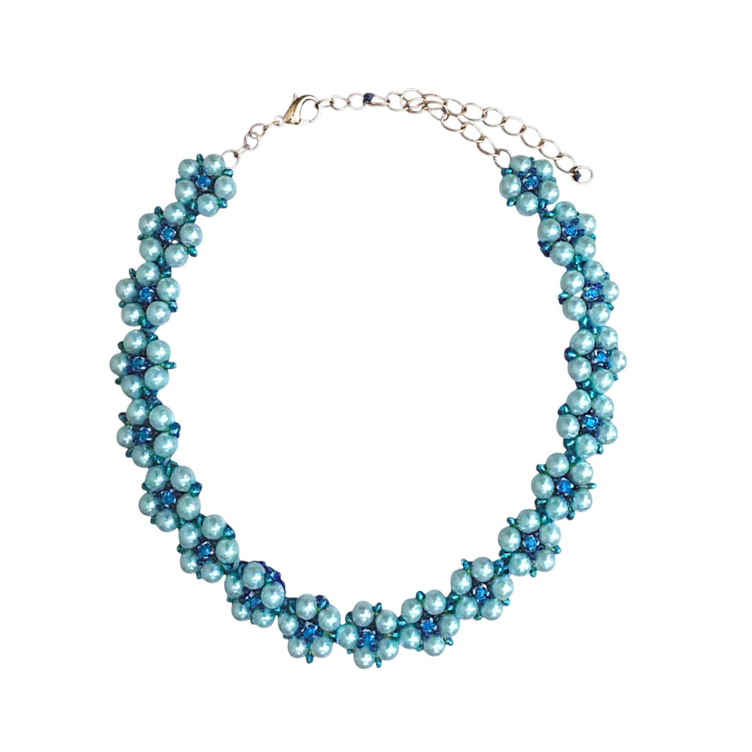 Choker artesanal Iluztro em pérolas azuis e cristais – gargantilha ajustável exclusiva