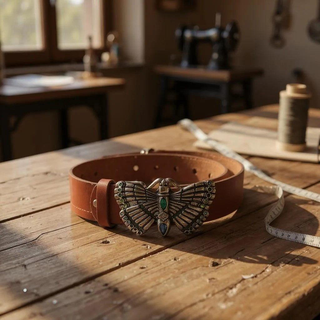 Cinto de Pele Castanha com Fivela Borboleta