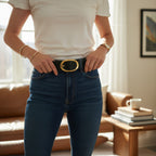 Cinto de Pele Preto com Fivela Oval Dourada