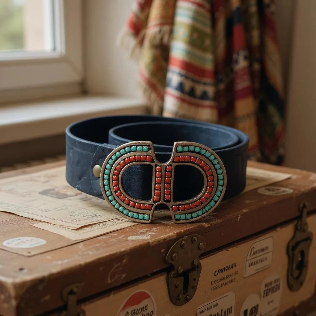 Cinto de pele azul com fivela de cores