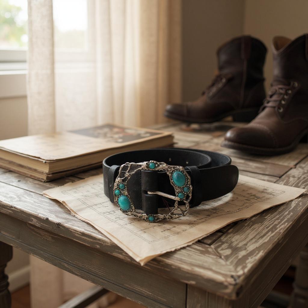 Cinto de pele preta com fivela de pedras turquesa1