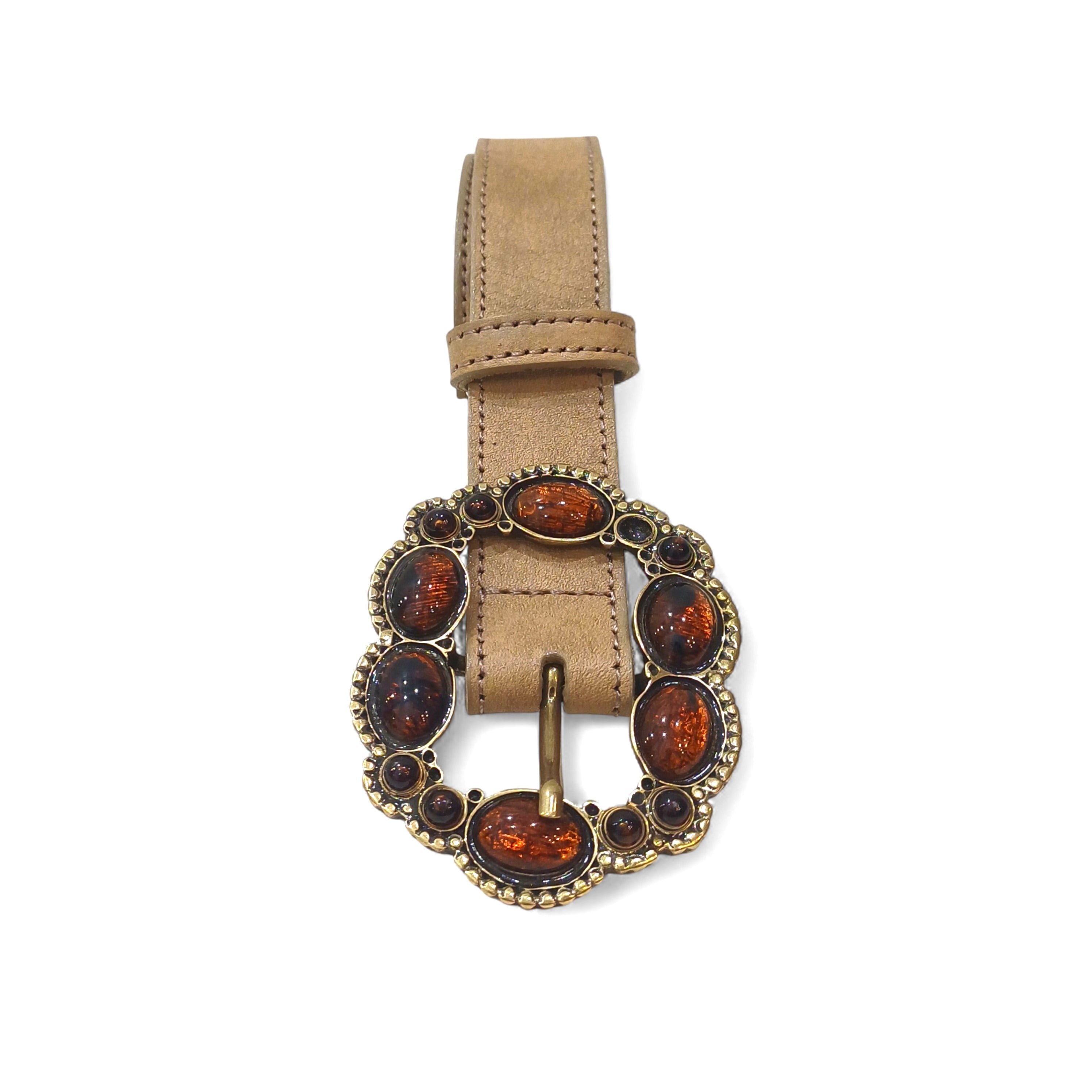 Cinto em Pele Bege com Fivela Oval e Pedras Âmbar