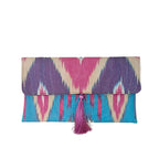 Clutch Artesanal Ikat Roxa, Azul e Bege