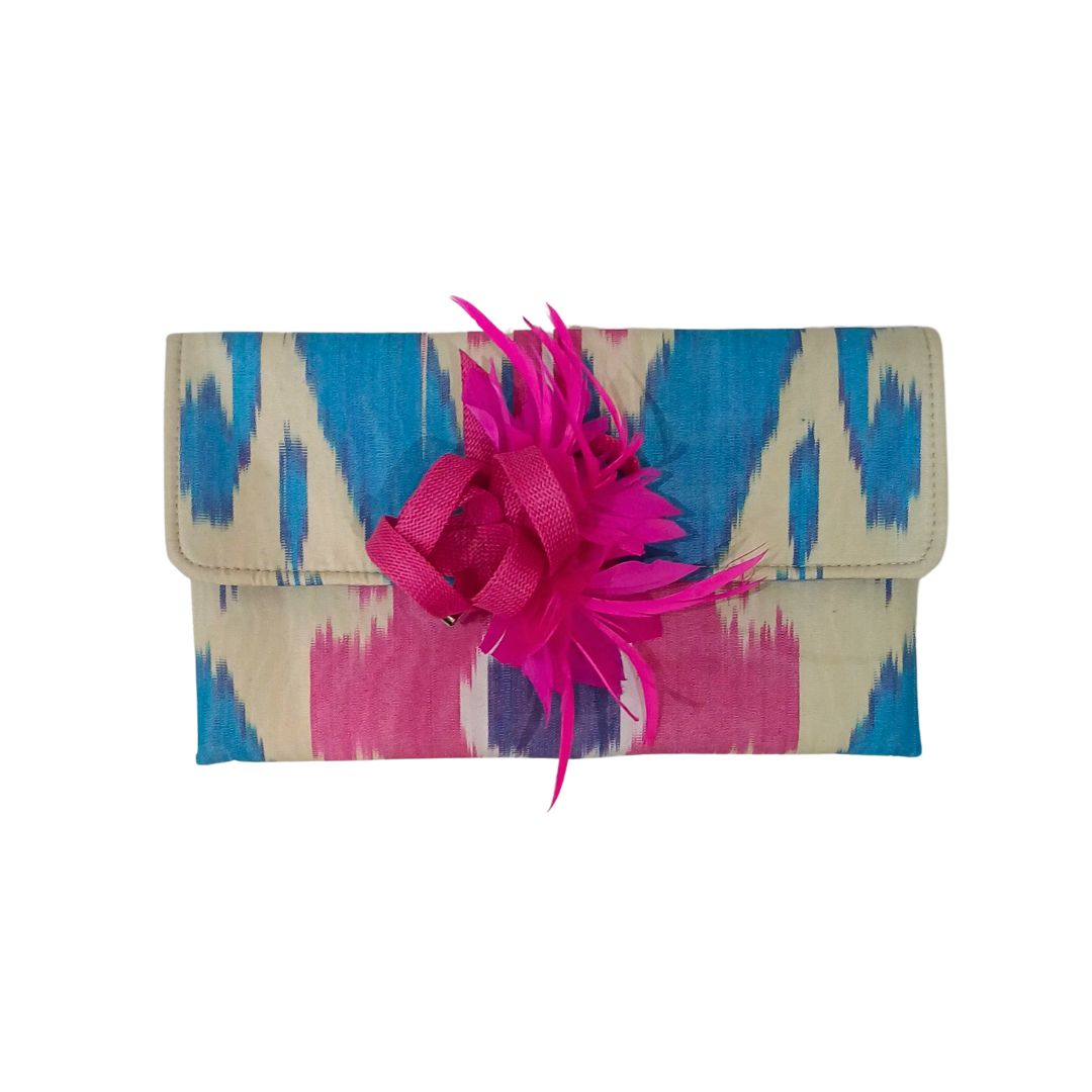 Clutch artesanal Ikat Rosa e turquesa1