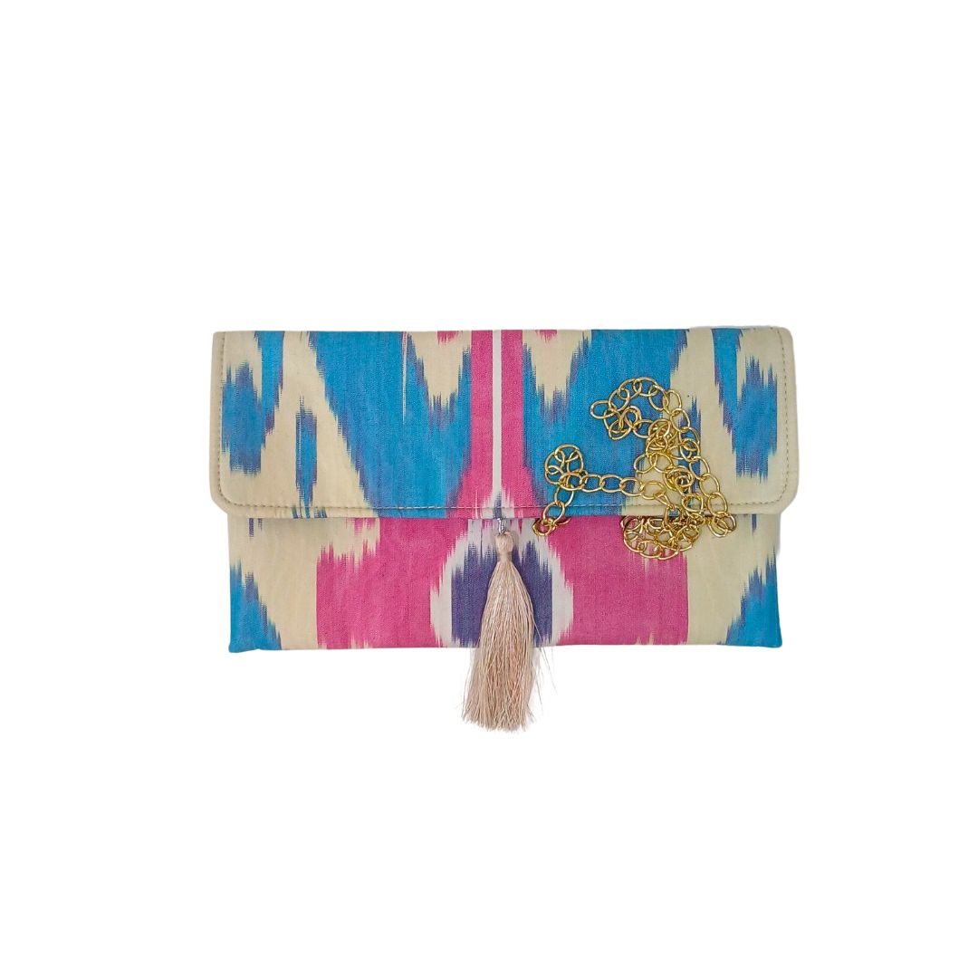Clutch artesanal Ikat Rosa e turquesa3