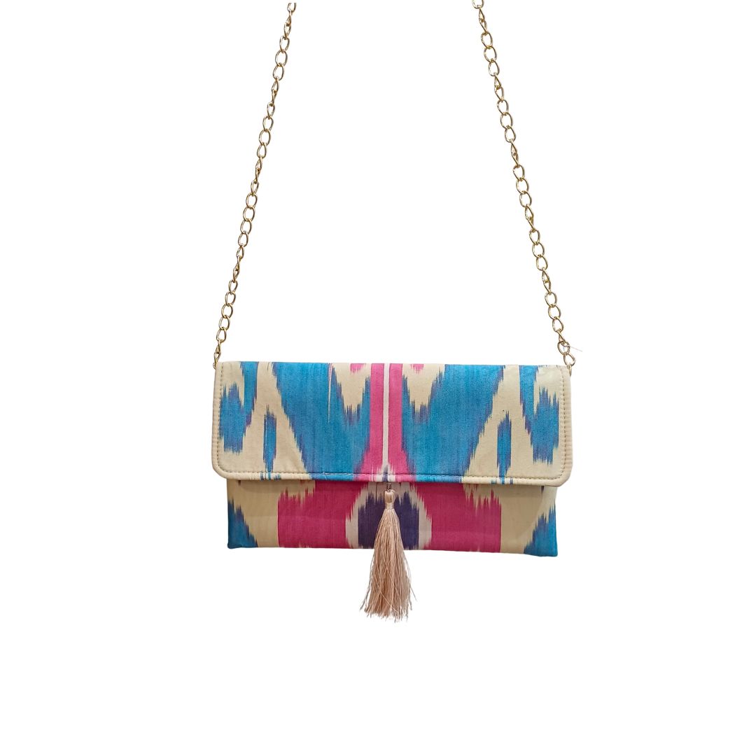 Clutch artesanal Ikat Rosa e turquesa4