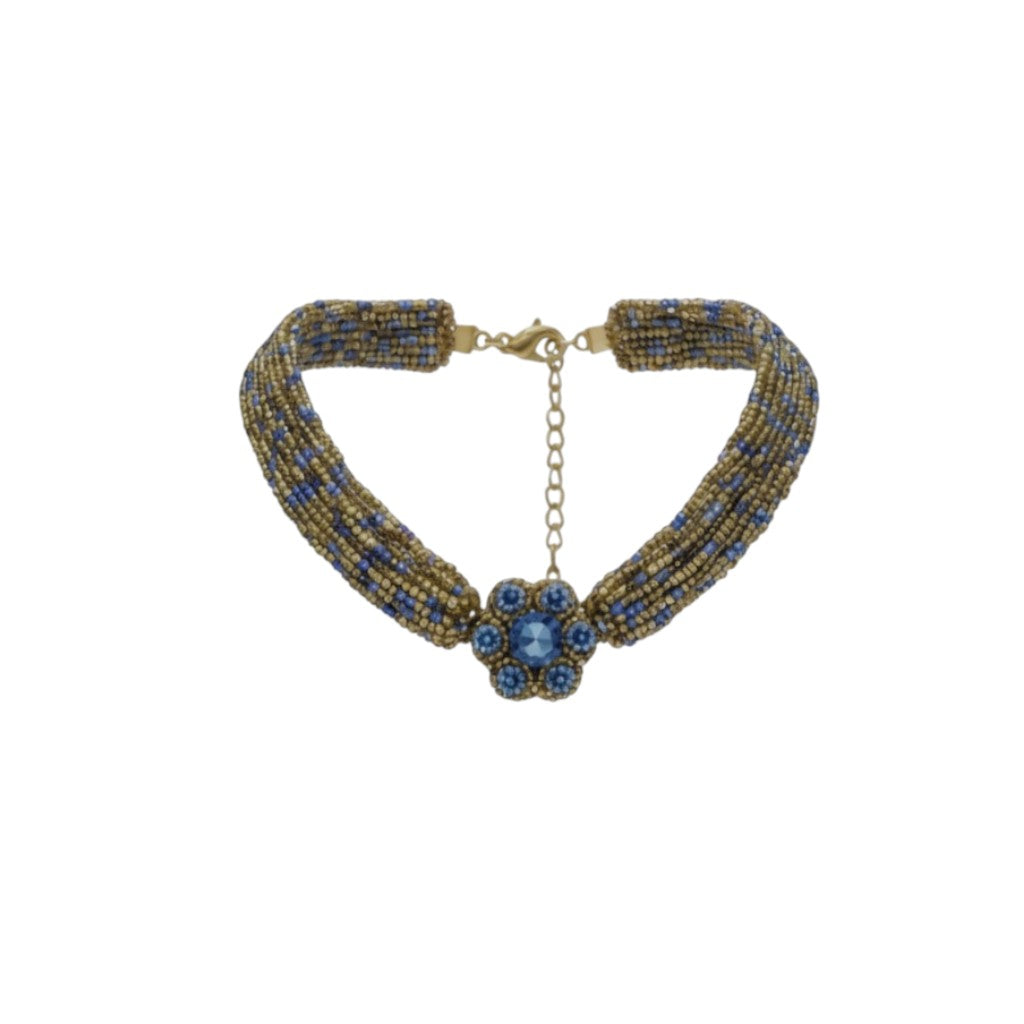 Colar Choker Bordado com Missangas e Flor Central