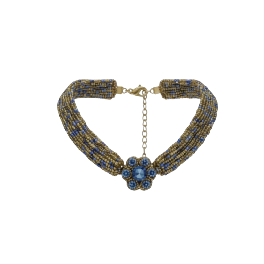Colar Choker Bordado com Missangas e Flor Central