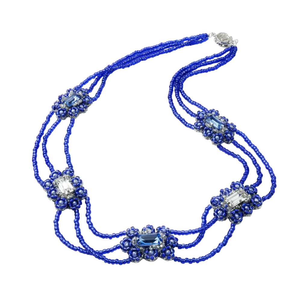Colar artesanal Iluztro azul royal com cristais – colar de missangas de três fios
