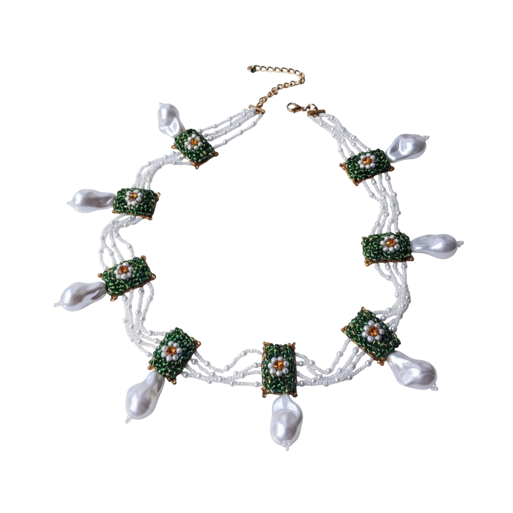 Colar artesanal Iluztro com pérolas grandes e flores verdes – colar de festa exclusivo