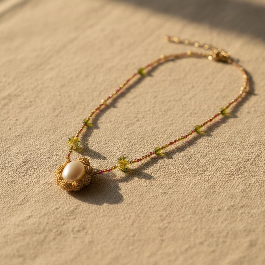 Colar artesanal Iluztro com pendente pérola oval – missangas em dourado, rosa e verde