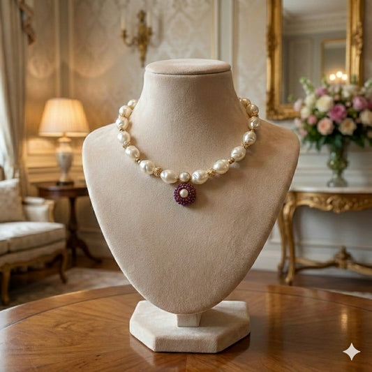 Colar artesanal Iluztro com pérolas e pendente bordado – pérola central e detalhes dourados