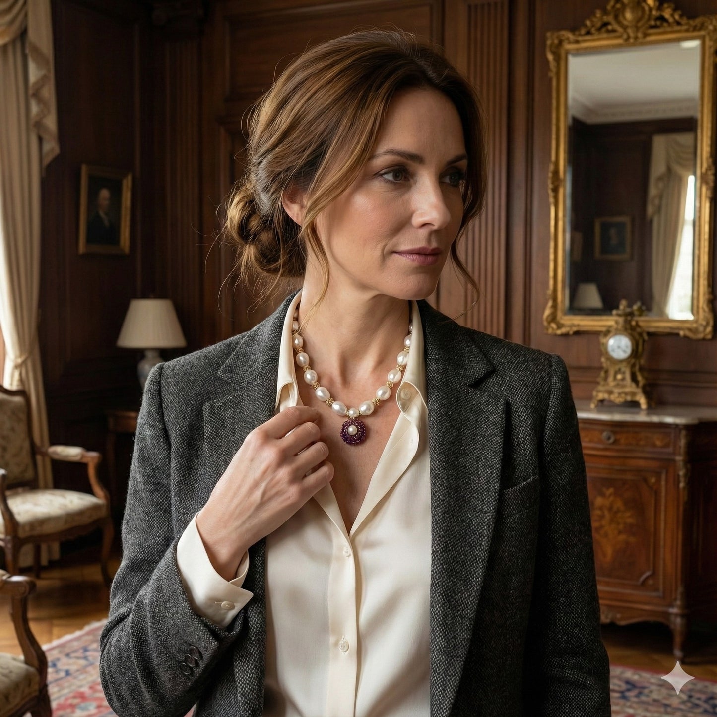 Colar artesanal Iluztro com pérolas e pendente bordado – pérola central e detalhes dourados