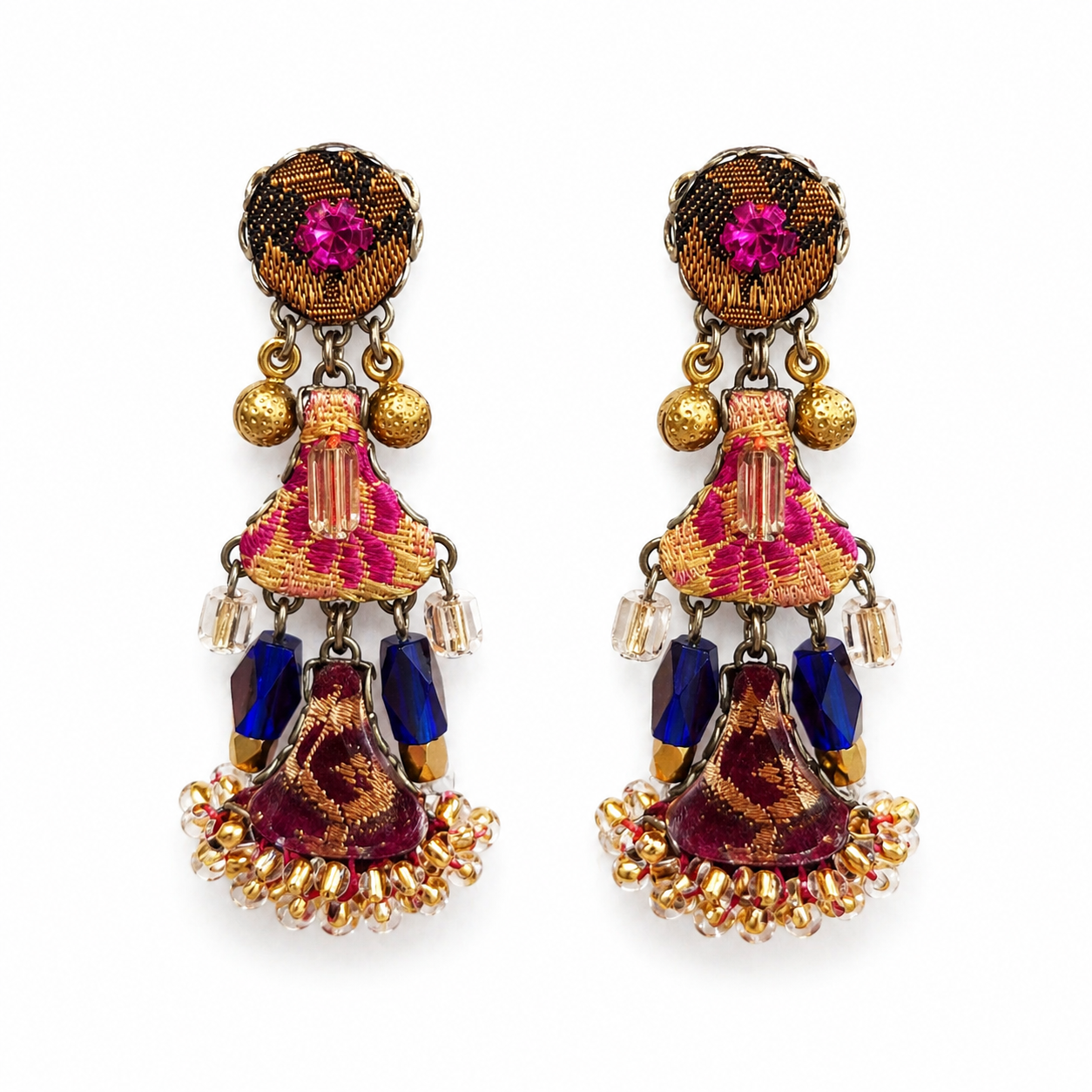 Brincos Ayala Bar com Cristais Fúcsia Azul e Dourado